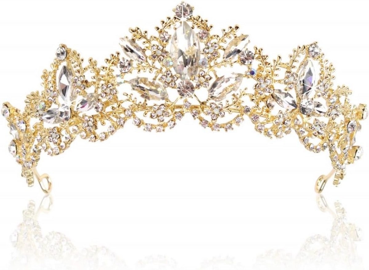 Gouden Kroon voor Dames - Tiara met Kristallen voor Bruiloft, Feest en Carnaval