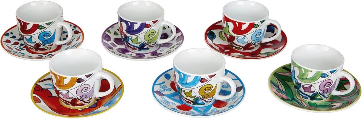 Meerkleurige koffiekopjes met schotels - Set van 6