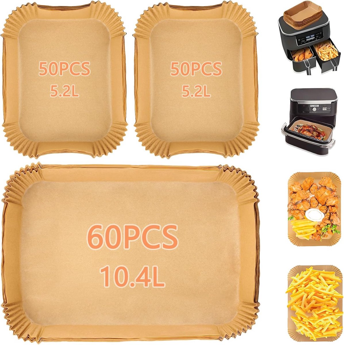 Bakpapier voor Airfryer - 160 Stuks Vierkant Kookpapier voor Luchtfriteuses van 5,2 tot 10,4 Liter