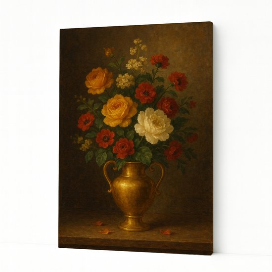 Une peinture de roses dans un vase doré.