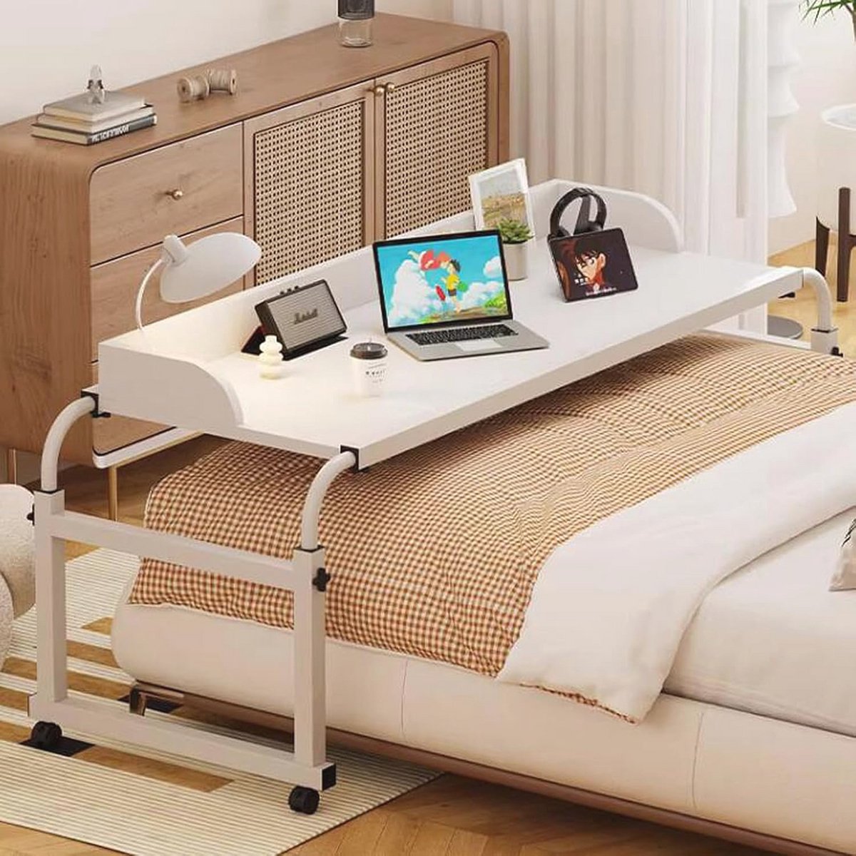 Verstelbare Overbed Laptop Trolley voor Comfortabel Werk en Ontbijt in Bed