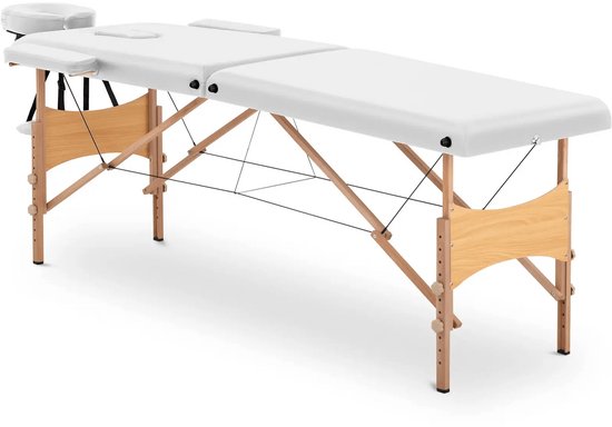 Dreamble® | Massagetafel | Wit | Hout | Extra dikke bekleding 6 cm | Extra stevig | Inklapbaar | Mobiel | 2 zones | In hoogte verstelbaar | Gezichtsuitsparing | Armsteunen in breedte instelbaar | Afwasbaar | Belastbaar tot 250 kg | Incl. draagtas