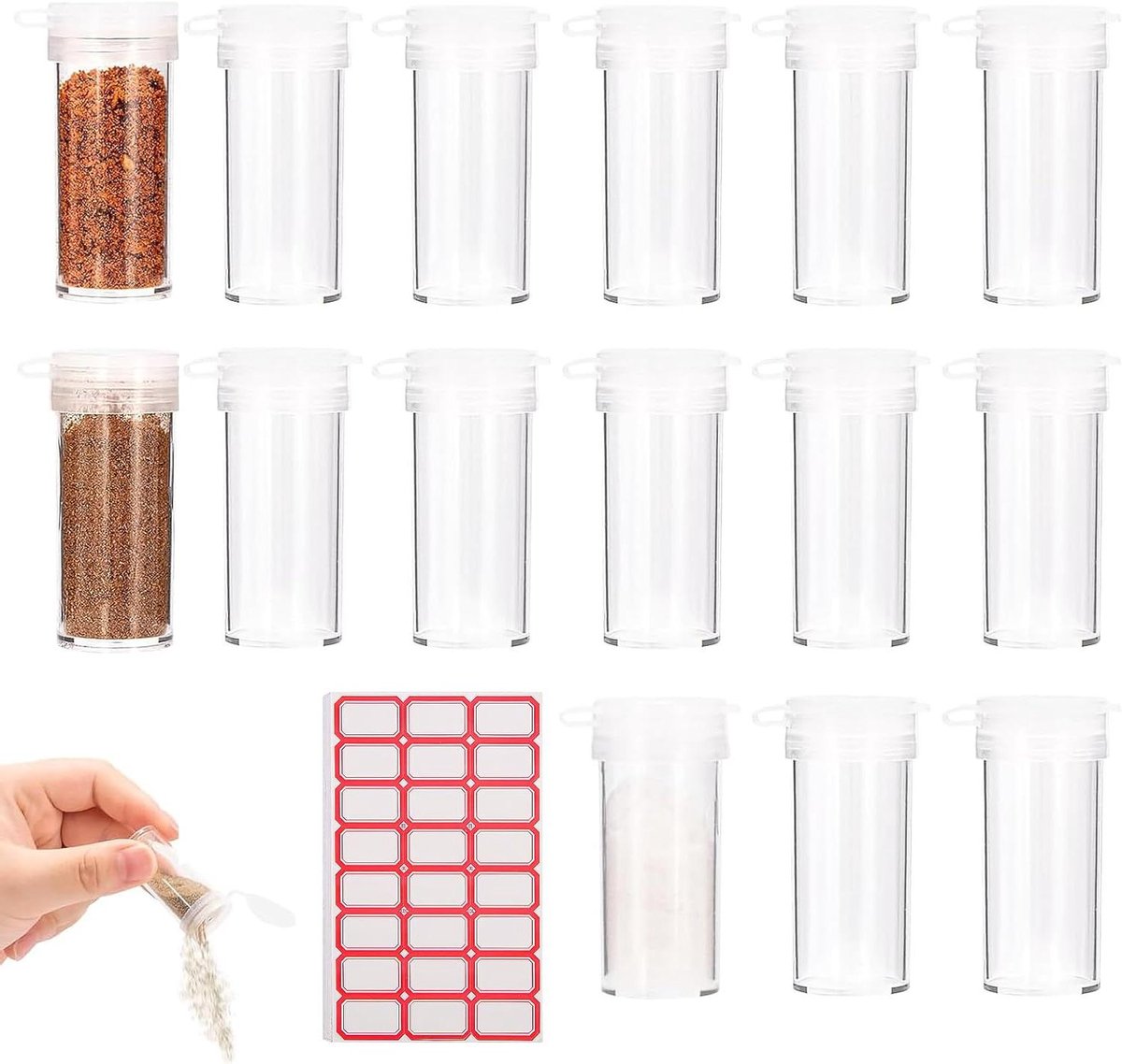 Allecta - Mini Zoutvaatje 15 Stuks Plastic Schudbeker Met Deksel - Onderweg Kruidenstrooiers - Etiketstickers