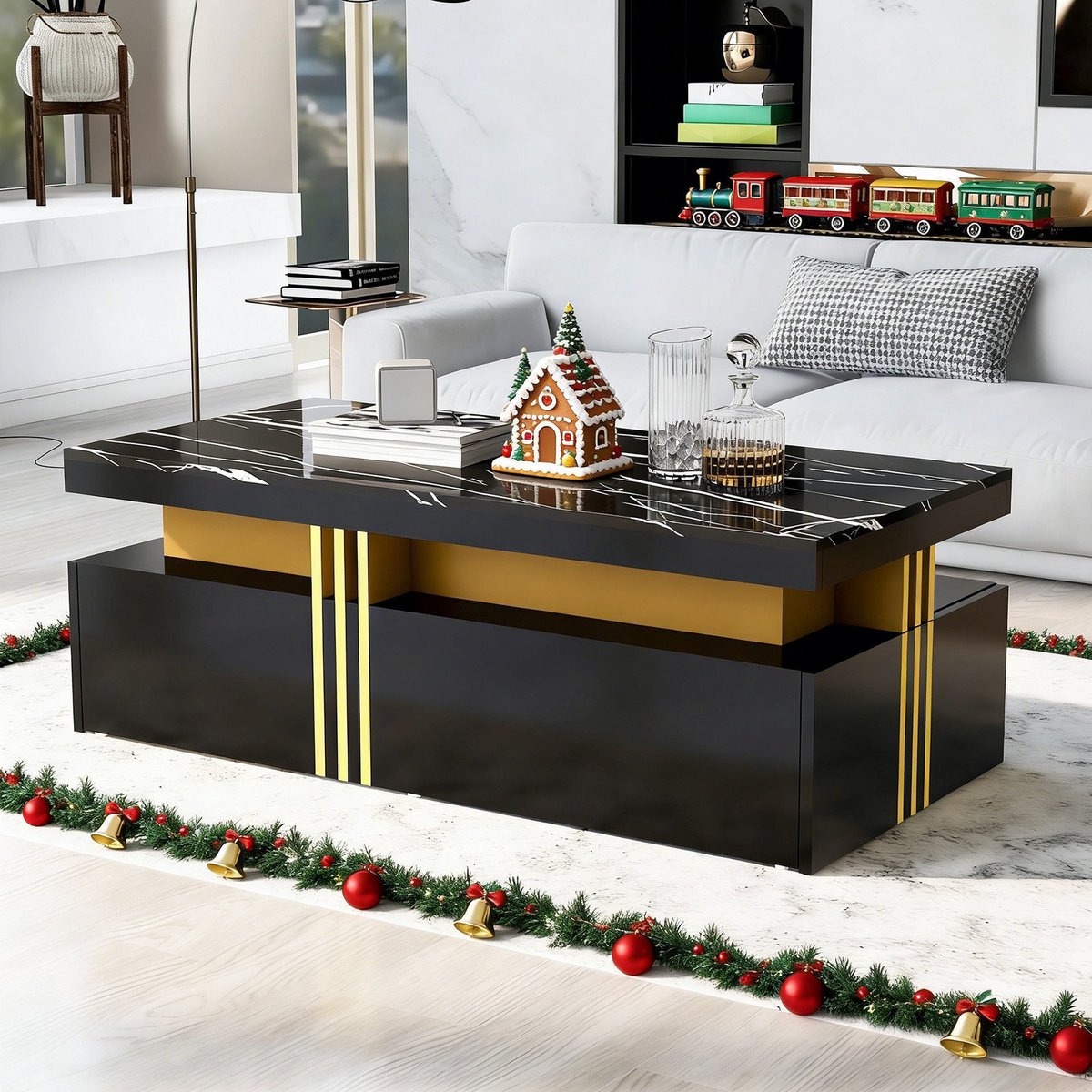 REDOM Salontafel 100×50×40 cm – modern hoogglans marmerlook, 2 lades, zwarte spaanplaat, gouden rand, kunststofvoetjes