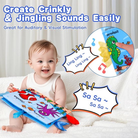 2-delige Set Baby Stoffen Boek (Giraffe + Krab), Hoog Contrasterende Sensorische Speelgoed, Kreukelboek voor Baby's, Geschikt voor 0-12 Maanden — afbeelding 3