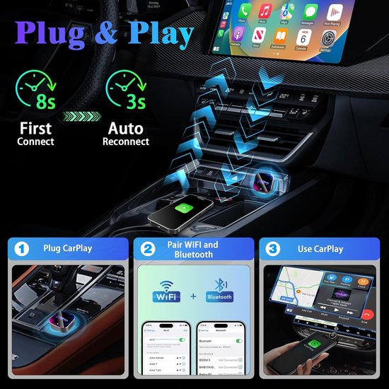 Daity 1 stuk - Draadloze CarPlay-adapter - van bedraad naar draadloos - ondersteunt CarPlay en Android Auto - geschikt voor kleine apparaten zoals de iPhone Mini - USB/Type-C-interface, plug-and-play - compatibel met iOS en Android 10 en hoger. van Merkloos — afbeelding 5