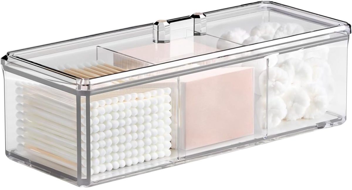 QTTVBTNA - 1 Stuk Make-up Organizer met 3 Vakken - Acrylic Opbergdoos voor Wattenstaafjes & Pads - Met Deksel voor Wasbak of Schminktafel - Opruimen & Stijlvolle Badkamer Decoratie - Transparante
