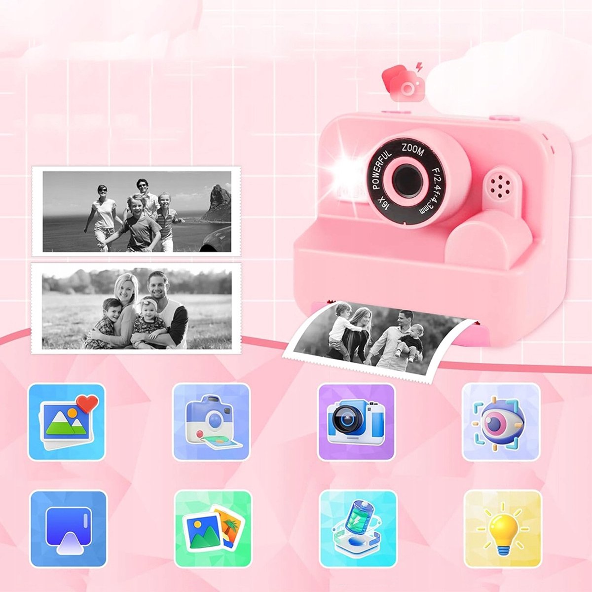 Kids Print Camera - Instant Printer - Fotoprinter camera - Multifunctionele digitale kindercamera - 1080P - 16x digitale zoom - Selfiemodus - 32 GB - Voor Kinderen 3-12 Jaar & Cadeau — afbeelding 2