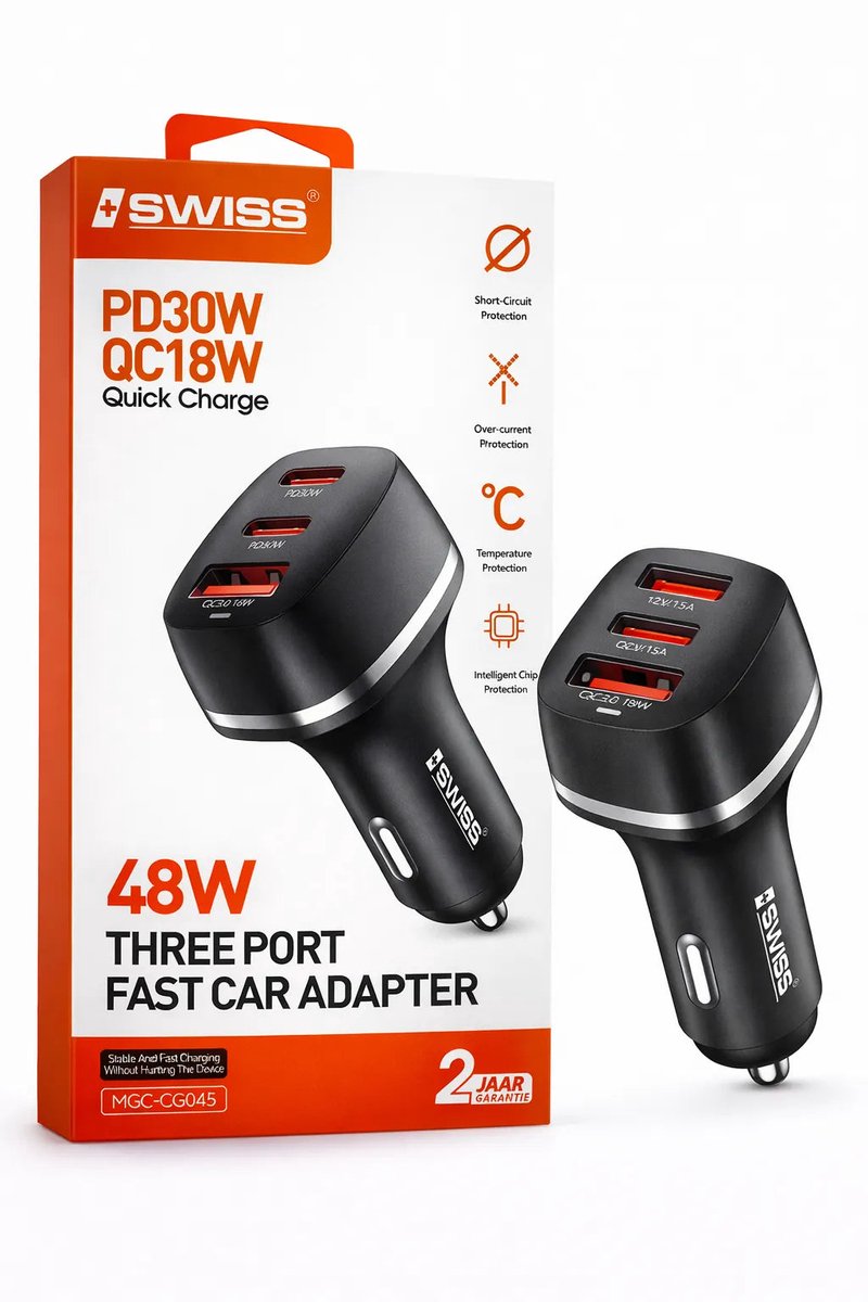 Auto oplader met usb-c en usb 3 ingangen 48W