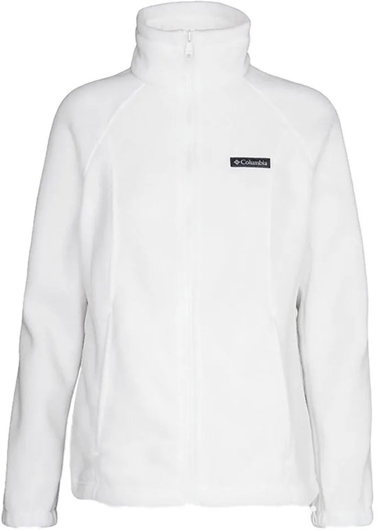 Een witte Columbia fleece trui met rits aan de voorkant en een geborduurd logo.