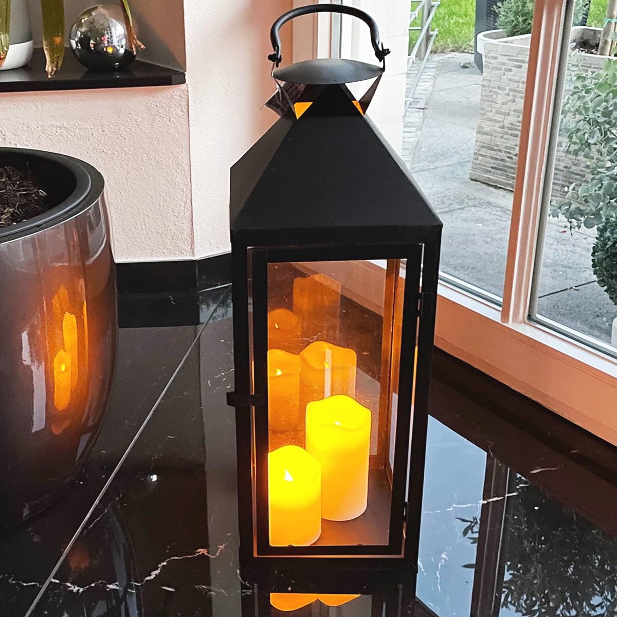 XXL luxe tuinlantaarn metaal en glas - H54 cm zwart