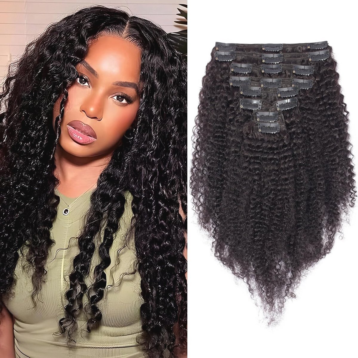 Kinky Curly Clip-in Haar Extensions - Natuurlijke Haarverlenging met 8 Stuks in Zwart