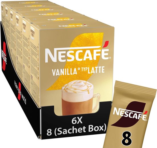Een doos Nescafé Vanilla Typ Latte met 8 sachetjes. De doos toont een glas vanille latte met slagroom en karamelsaus.