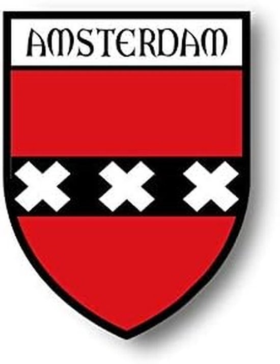 Armoiries d'Amsterdam avec le texte AMSTERDAM au-dessus.
