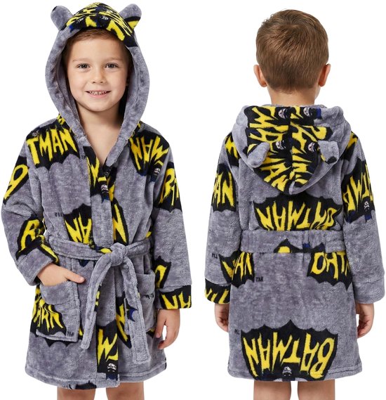 BATMAN Grijs, jongensbadjas met riem, warme badjas met zakken, zachte kamerjas met capuchon voor jongens