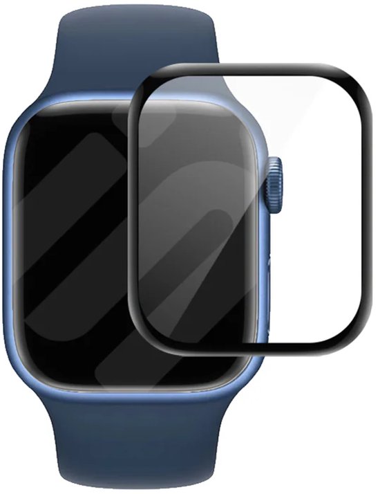 Blauwe Apple Watch met display protector, klaar voor montage.