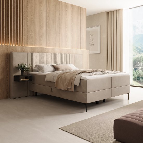 Meubella - Boyd - Boxspring met LED - Velvet beige - 160x200 cm