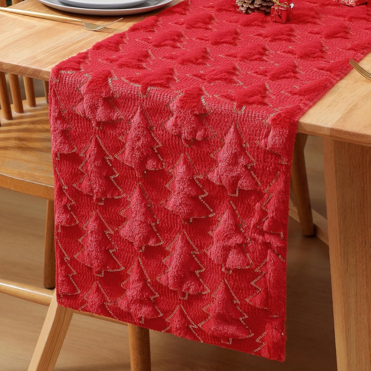 Tafelloper Winter 33 x 100cm - Kerst Rood Goud Kerstboom Motief - Zacht Pluche Jacquard - Modern Keukentafel Decoratie