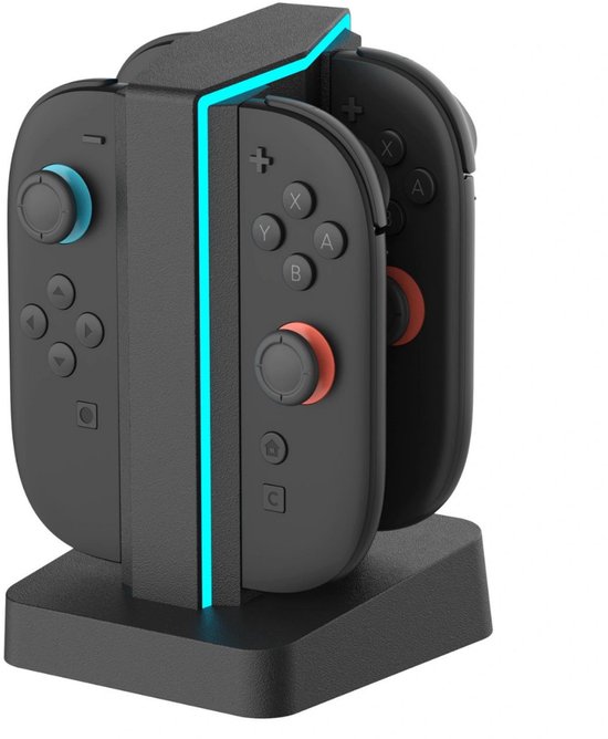 Zwarte oplaaddock voor 4 Switch Joy-Cons met blauwe lichtstrip. De controllers zijn aangesloten en worden opgeladen.