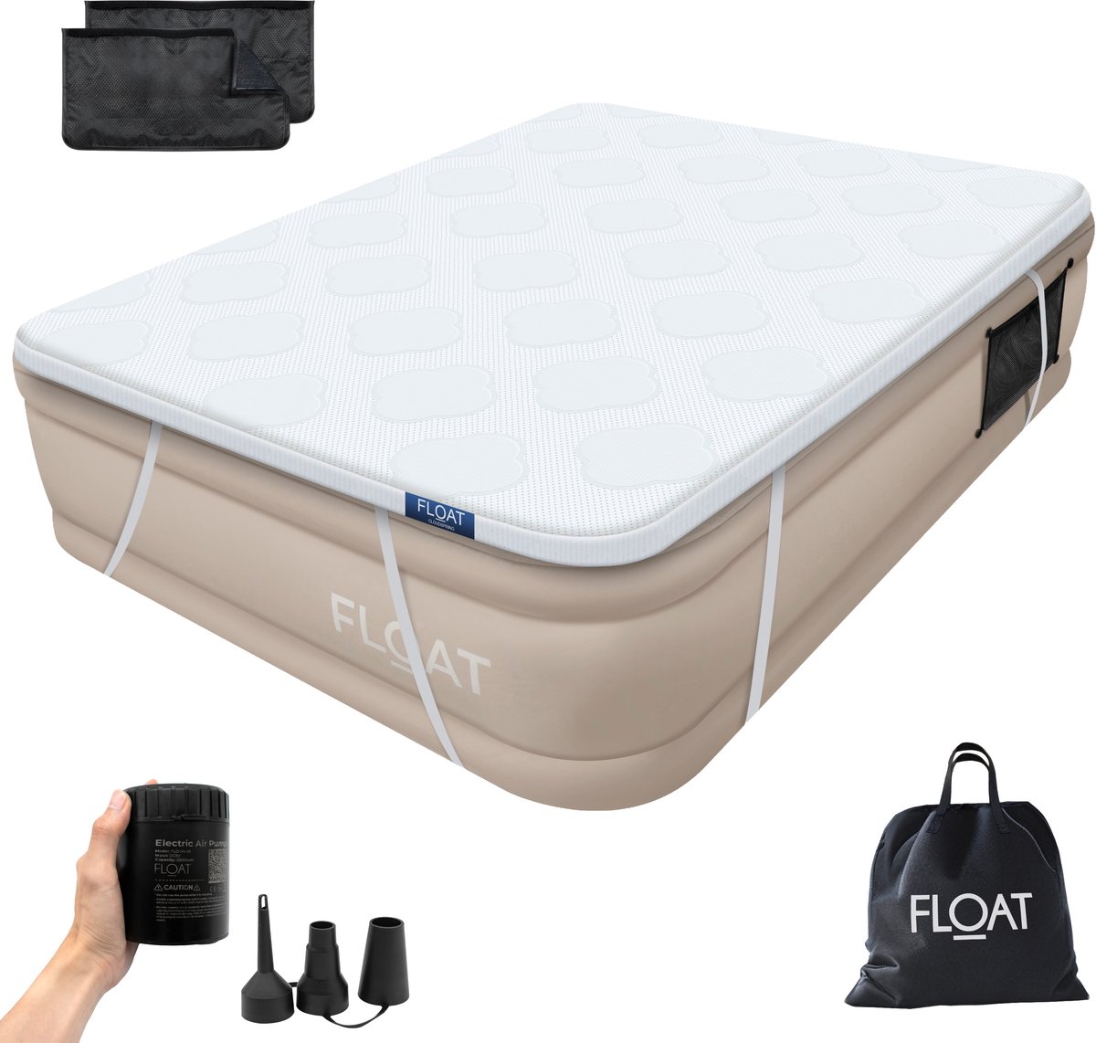 FLOAT - 2 Persoons luchtbed met (5 cm) Foam Topper - 203x152x46 cm - Opbergzakken, draagtas en reparatiekit - Zelfopblazend Twee persoons luchtmatras - Ingebouwde elektrische pomp - Stevig Logeerbed - CloudSpring - Beige