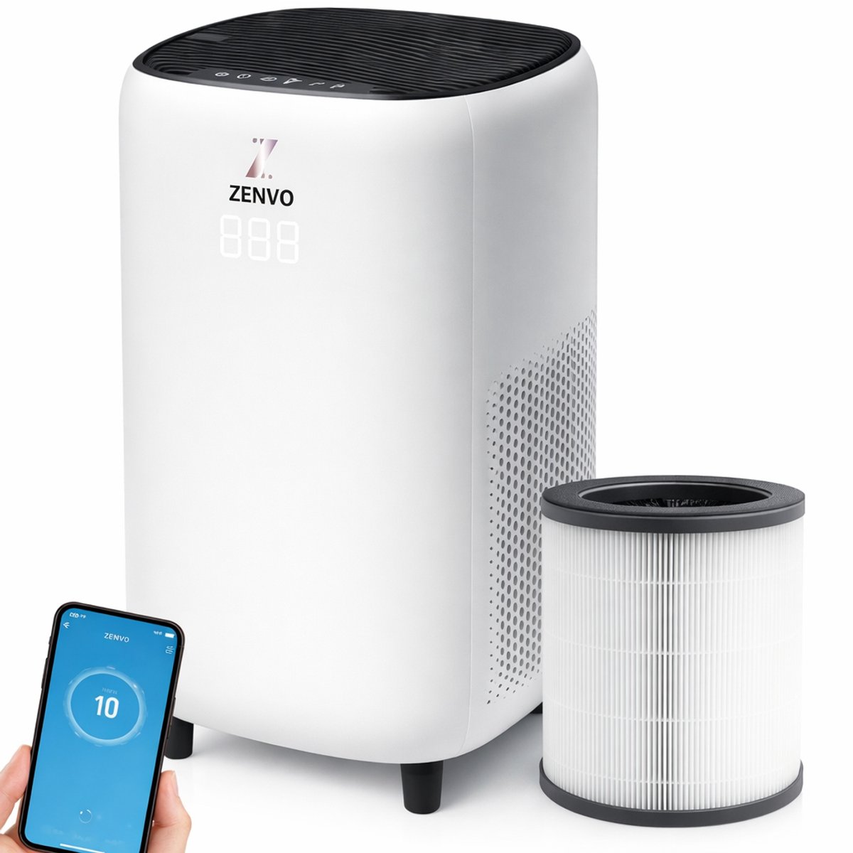 Zenvo Luchtreiniger WiFi - HEPA 13 + Koolstoffilter - 360 m³/u CADR - PM2.5 Sensor - Geschikt tot 50 m² - UV-C