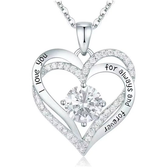 Collier argenté en forme de cœur avec inscription 'I love you' et 'for always and forever' et une grosse pierre blanche au centre.