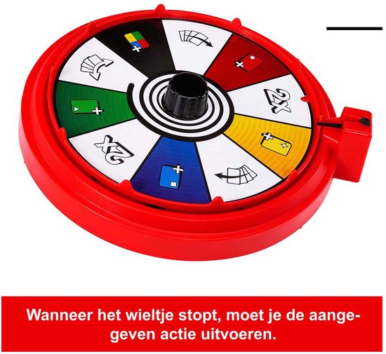 Rood UNO Spin wiel met symbolen op de vakjes.