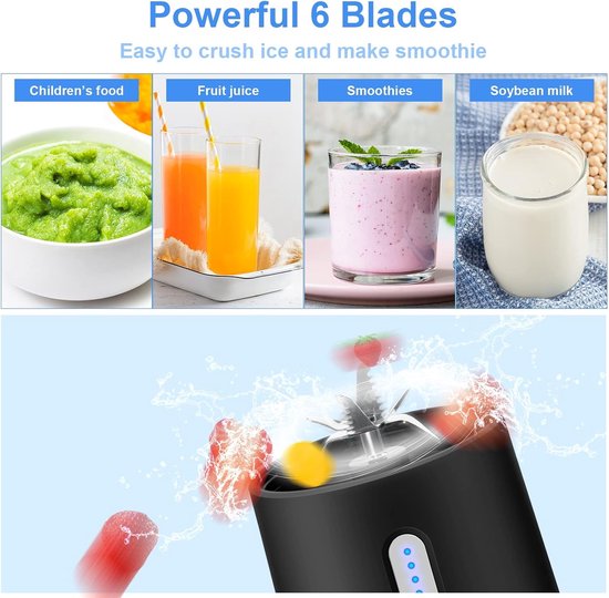 Draagbare blender 500 Ml - Portable blender - Krachtige 6 messen - Met 4000 mah - Mini blender voor shakes en proteïnedranken - Sapcentrifuge - Wit van Merkloos — afbeelding 5