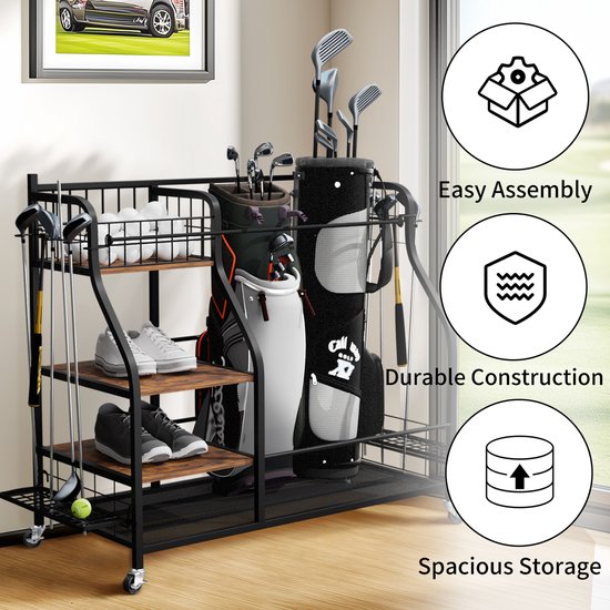 unho Golfopslag Garage Organizer - Golfrek geschikt voor 2 golftassen - Afsluitbare 360°-wielenstandaard - voor binnen en buiten - Opbergruimte voor golfuitrusting met 3 planken - Clubhouder - Ballenmand & haken van Merkloos — afbeelding 2