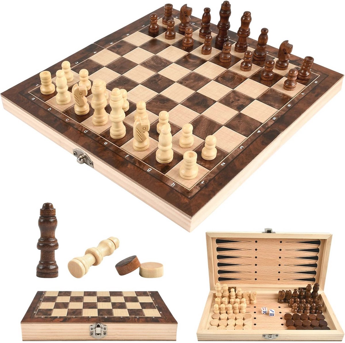 Houten Schaakspel 3-in-1 | Reisschaakbord, Dames en Backgammon | Inklapbaar en Draagbaar