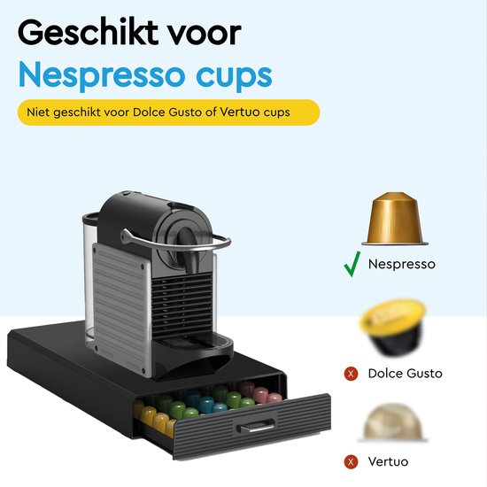 Boîte noire pour capsules, tiroir ouvert rempli de capsules colorées, indiquant qu'elle est pour les capsules Nespresso.