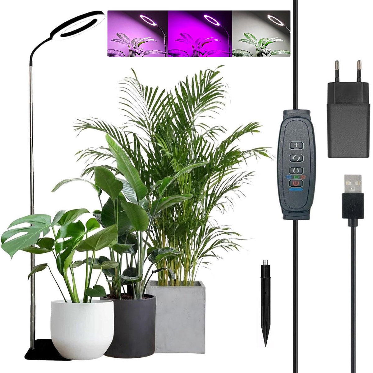 MUPOO LED groeilamp - Kweeklamp full spectrum 10W voor planten - zwart verstelbare 155cm binnenlamp met voet, aardpin en EU-adapter - 3 lichtmodi, timer 3/9/12H - voor kamerplanten en kruiden