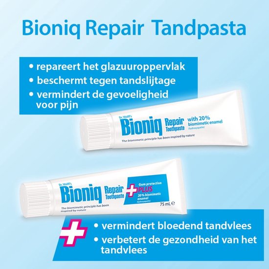 Twee tubes Bioniq Repair tandpasta. Boven: tube met 'Repair Toothpaste'. Onder: tube met 'Repair PLUS Gum Protection'.