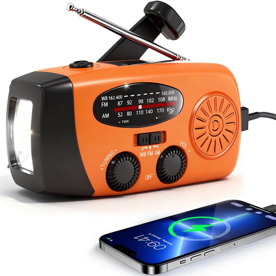 Brixy Noodradio - Radio Met Accu Batterij Voor Noodsituaties - Opwindbaar - Solar - Zaklamp - Powerbank - Oranje