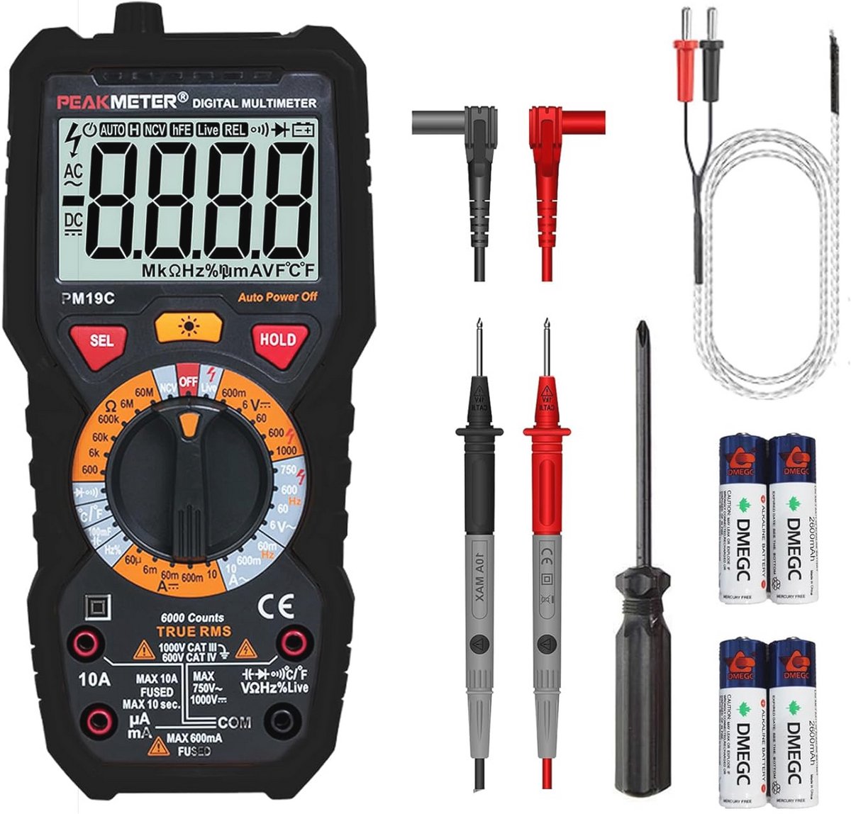 Digitale multimeter 6000 telt TRMS voor spanning, stroom, weerstand en temperatuurmeting met groot LCD-scherm