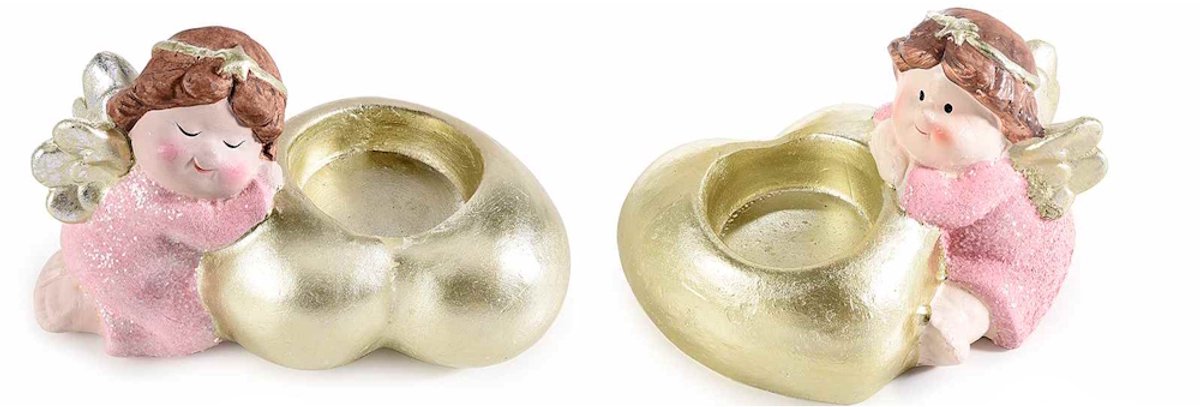 Engeltje met Gouden hart - Waxinelichthouder - Set van 2 - Polyresin - met glitter