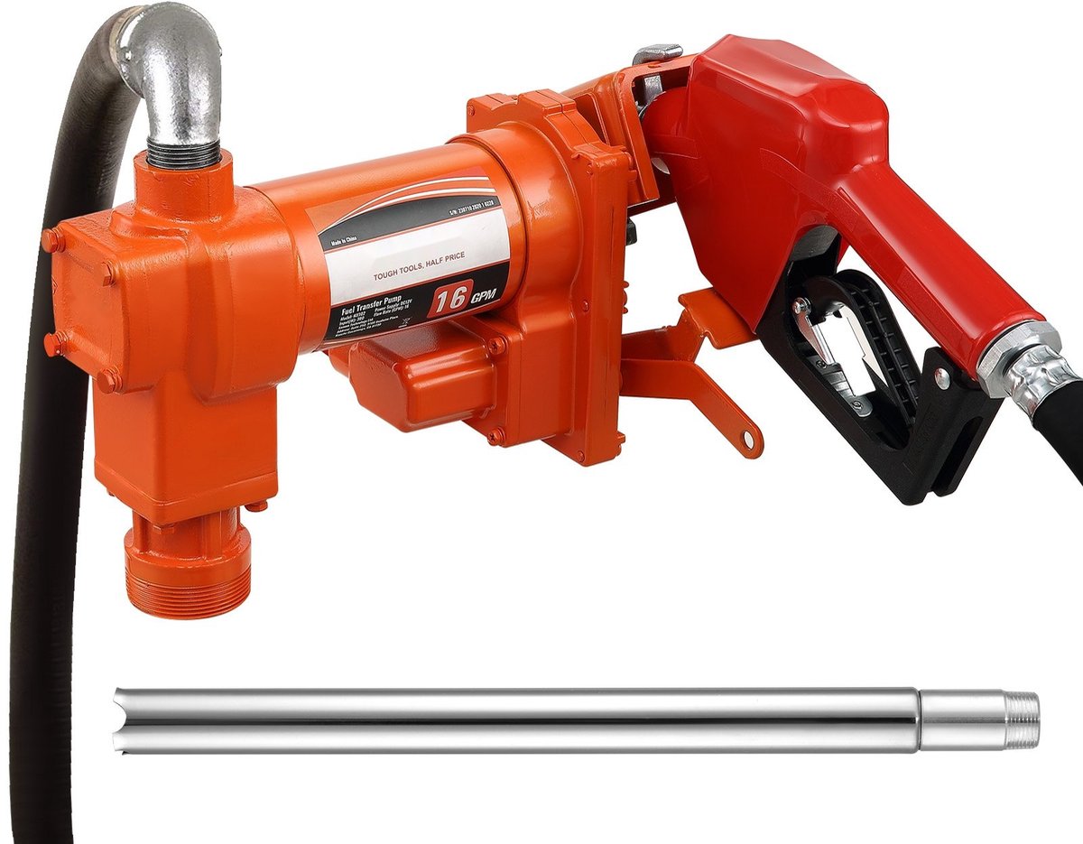 Brandstoftransferpomp - 12V DC Dieselpomp - 60,5 l/min - 1/4 pk - Met vulpistool, afvoerslang en aanzuigbuis - Voor benzine, diesel, kerosine, ethanol-/methanolmixen en biodiesel
