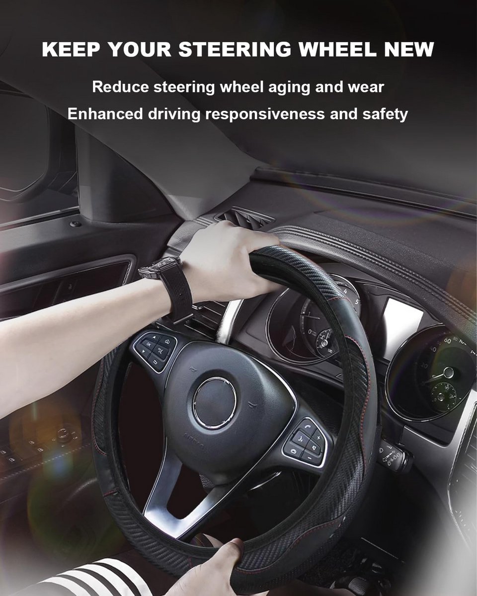 Universele Leren Stuurhoes voor Auto - Antislip, Ademend, Microvezel, 37-38 cm, Zwart/Rood – foto 2