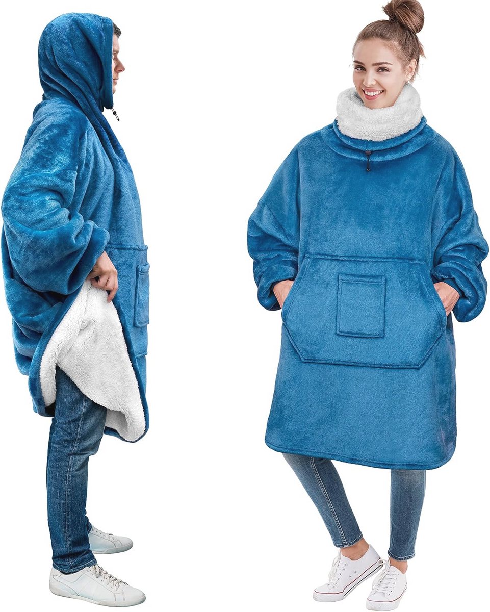 Draagbare deken hoodie met nekwarmer - Pluche oversized sweatshirt met capuchon en grote zak