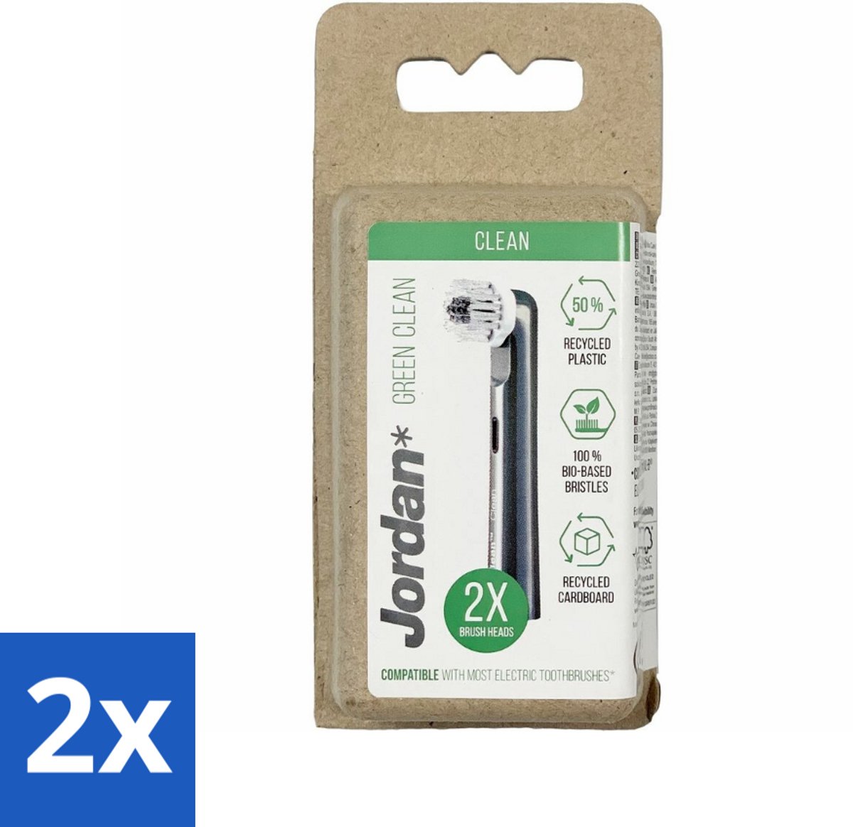 2 x Jordan - Opzetborstels - Green Clean - 2 Opzetborstels - Elektrische Tandenborstel Opzetborstels - Milieuvriendelijke Tandenborstel - Duurzame Tandenborstel - Zachte Tandenborstel - Tandenborstel Met Gerecyclede Materialen