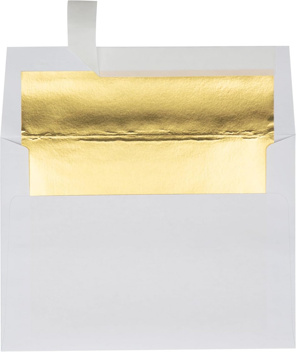 Hoge Kwaliteit A7 Uitnodigingsenveloppen | Peel & Press | 5 1/4" x 7 1/4" | Wit met Gouden Voering | 50 Aantal