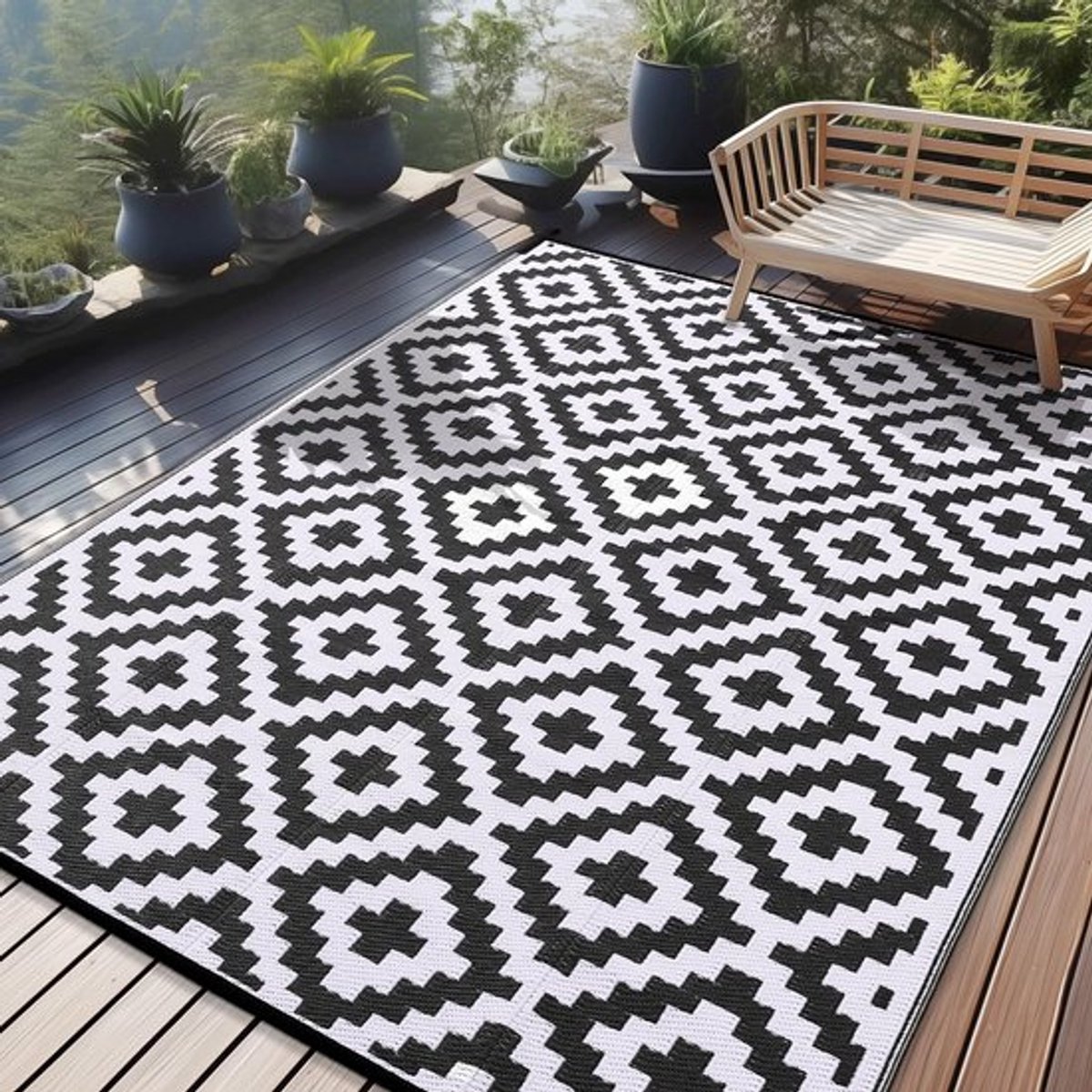 Homaxy - Buitenkleden - Waterdicht Buitenkleed - Buitenkleden - Omkeerbare Plastic Vloerkleden Voor Terras - Camping en Buiten - Zwart-wit - 8*10ft(242*305cm)