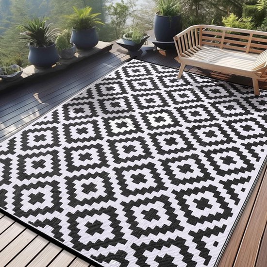 Homaxy Tapis d'extérieur - Tapis d'extérieur imperméable - Tapis d'extérieur - Tapis de sol en plastique réversible pour terrasse - Camping et extérieur - Noir et blanc - 8*10ft(242*305cm)