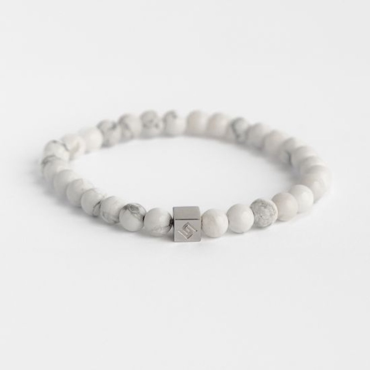 Unreal Elements Howlite Heren Armband Kralen - Natuursteen - 6mm - RVS Bracelet - 20 cm - Wit - Cadeau voor Mannen