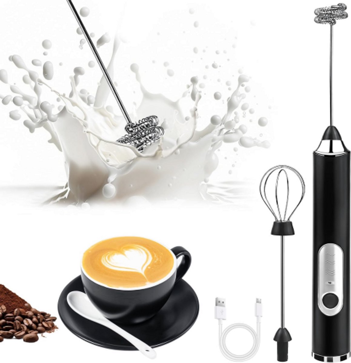 Melkopschuimer - Melkopschuimer elektrisch - Melkopschuimers - Handmelkschuimer - Koffieschuimstaaf - Roestvrijstalen gardes - 3 snelheden - Drankmixer - Elektrische schuimmaker - Latte - Cappuccino - Matcha - Geschenkset - Zwart