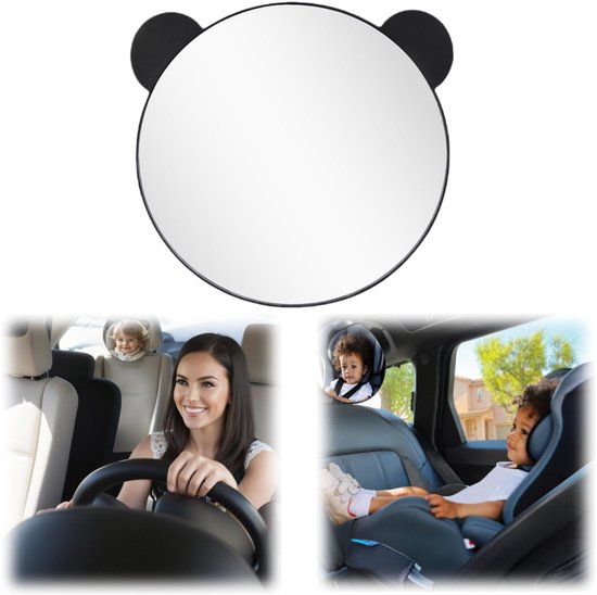 Autostoel spiegel - baby-observatiespiegel in de auto - reflector van de auto - autostoel accessoire - vorm van berenoren - met verstelbare bevestigingsriem - voor achterwaarts gerichte autostoeltjes (17*17,5 cm - zwart)