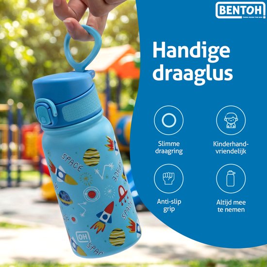 BentOH! RVS Waterfles 350ml voor Kinderen - Ruimte - Anti-overloop & Lekvrij – Met Eén Hand te Openen – BPA-vrij & Vaatwasserbestendig