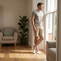 Man in een grijs T-shirt en beige shorts, draagt witte enkelsokken met beige instappers.