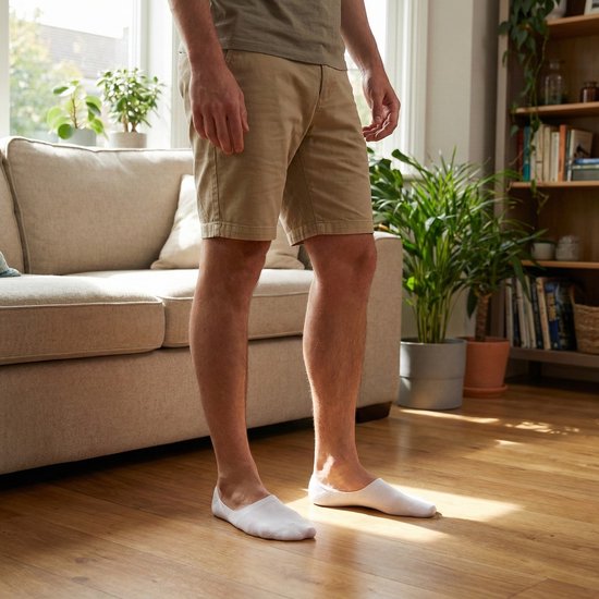 Man in beige shorts en witte onzichtbare sokken.