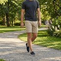 Man in donker t-shirt en kaki shorts loopt op een grindpad in een park, draagt donkerblauwe instappers.